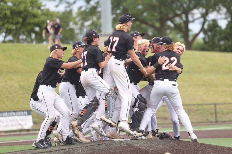 Crystal Lake Central player swarm Tommy Korn in their 3-2 win against Lemont in the IHSA Class 3A Championship game on Saturday June 8, 2024 Duly Health and Care Field in Joliet.