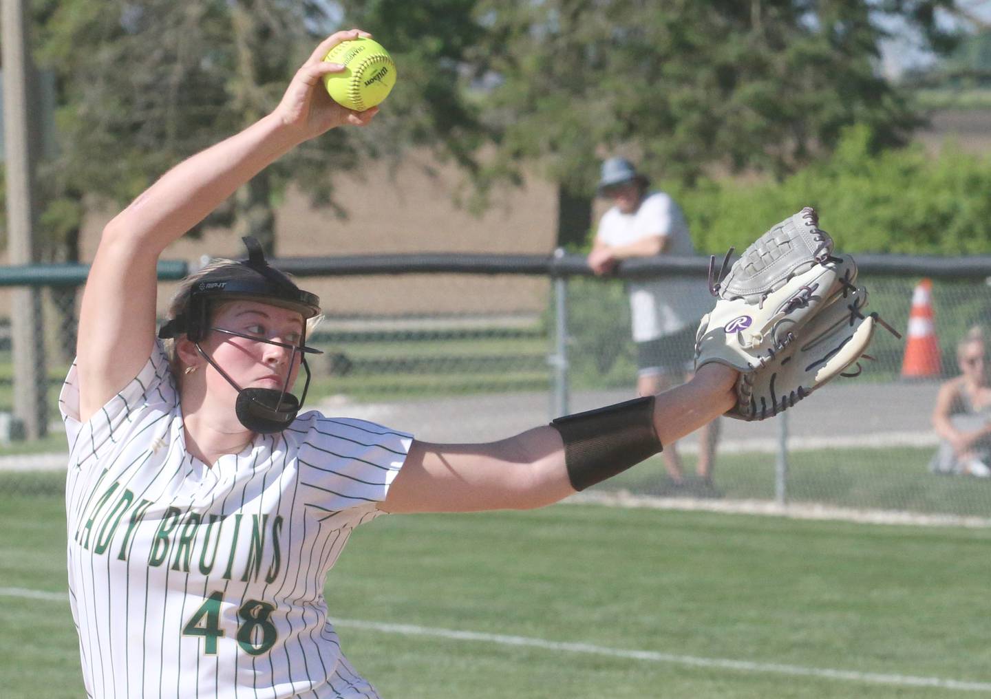 St. Bede's Reagan Stoudt lets go of a pitch to Midwest Central during the Class 2A Regional final on Friday, May 17, 2024 at at Abbot Phillip Davy Field.