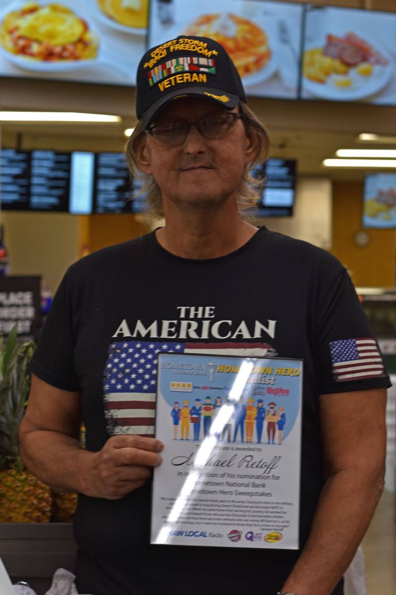 Hometown Hero finalist and veteran Sgt. Michael Retoff poses with his certificate.