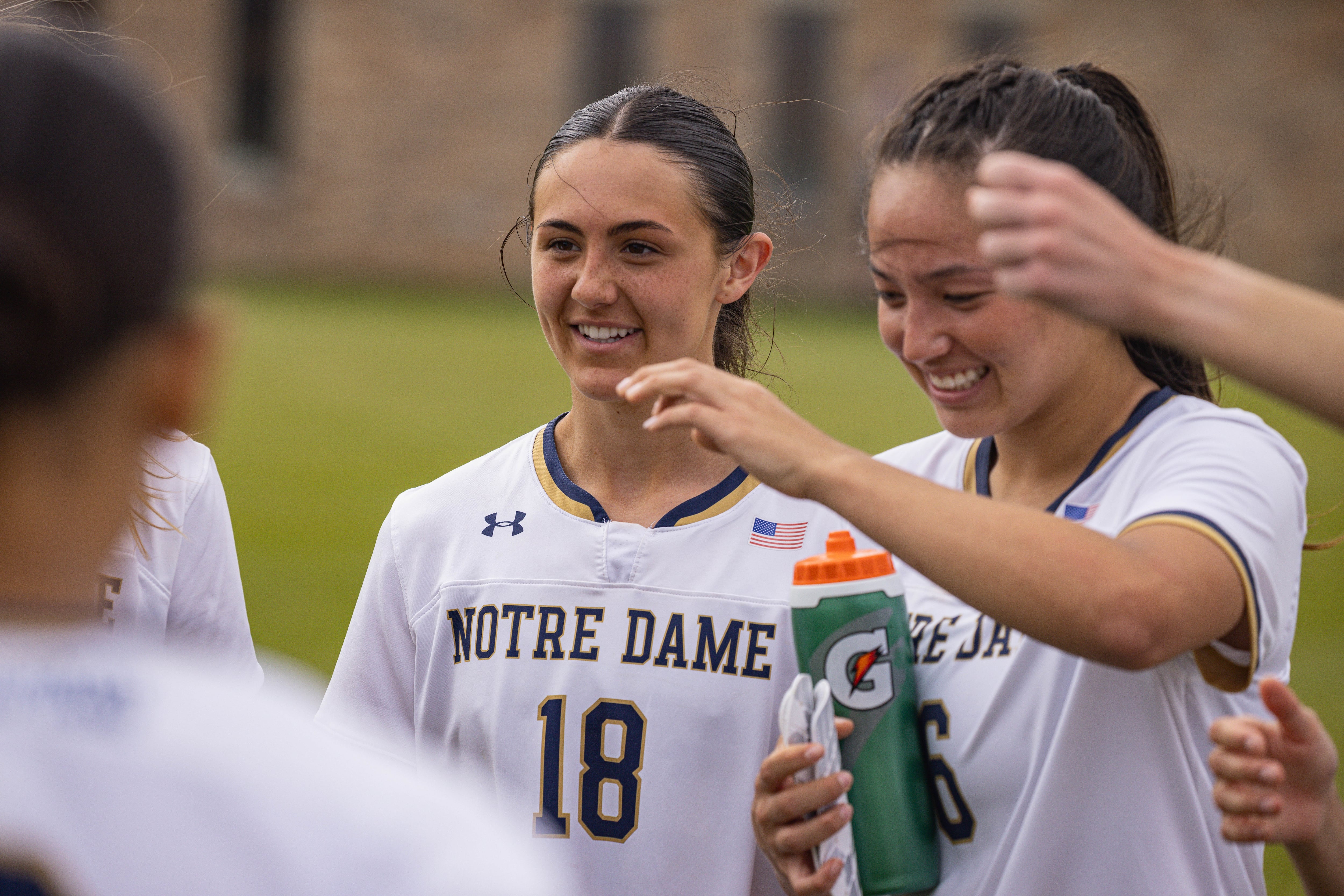 Dundee-Crown alumna Berkley Mensik (18) laughs with her Notre Dame teammates during a game this spring. Mensik is set to make her return to the pitch this fall after undergoing double-knee surgery last year. Photo courtesy Matt Cashore/Notre Dame Athletics