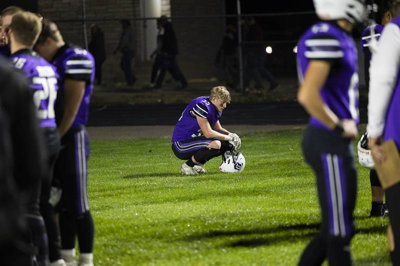 Dixon’s Isaac Goldman reacts to a one-point loss to Byron Friday, Oct. 18, 2024, at A.C. Bowers Field in Dixon.