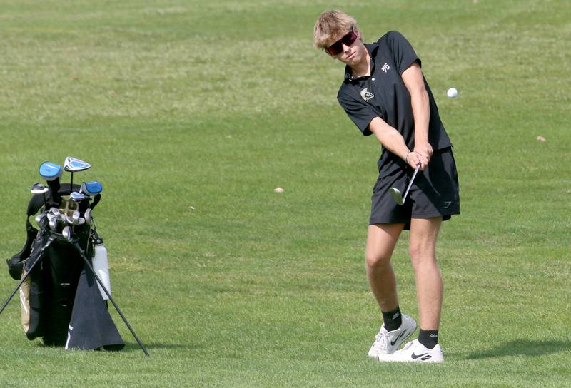 Sycamore's Logan Thorson hits his ball during the Pirate Invitational golf meet on Monday, Sept. 16, 2024 at Deer Park Golf Course in Oglesby.