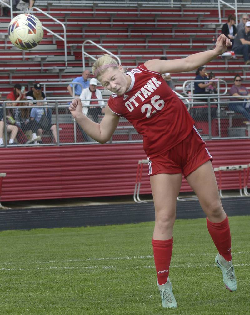 Ottawa’s Taylor Brandt completes a header for a goal against Depue during match Thursday at Ottawa