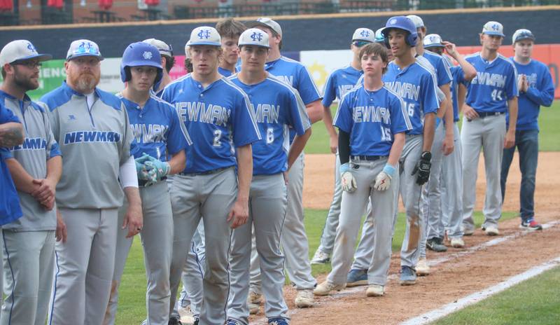 Members of the Newman baseball team await their fourth place medals during the Class 2A third place game on Saturday, June 1, 2024 at Dozer Park in Peoria.