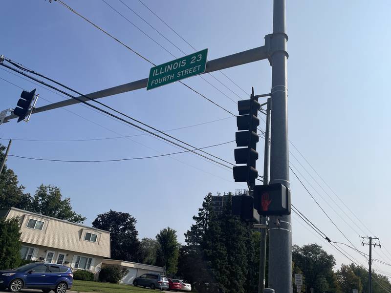 A traffic signal at the corner of Fourth and Taylor streets in DeKalb. A new tax increment financing (TIF) redevelopment plan area is proposed for Fourth Street from Taylor Street south to the Illinois Toll Highway 88. City staff have said a new TIF would help improve blighted and outdated buildings in the area, encouraging new development.