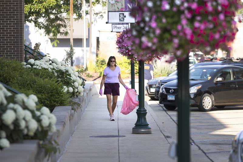 Shirley Vivian looks for litter along First Street in Dixon Thursday, July 6, 2023. After the clean up is done, Vivian will get to work on sprucing up the Petunia baskets.