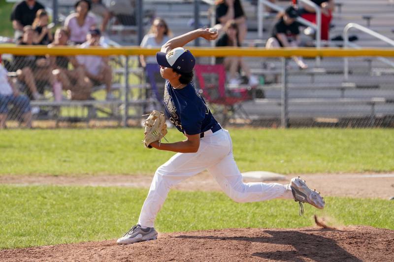 Neuqua Valley's Sebastian Guzman (27) delivers a pitch against Yorkville during a Class 4A Neuqua Valley Regional semifinal baseball game at Neuqua Valley High School in Naperville on Thursday, May 23, 2024.