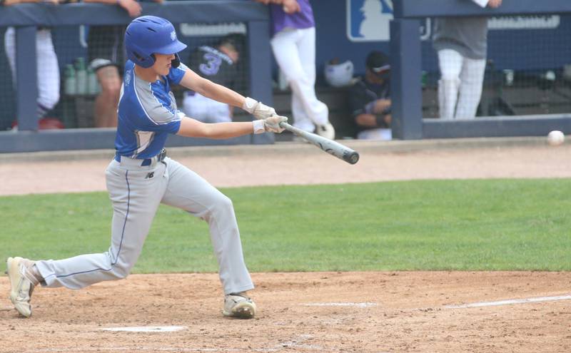 Newman's Joe Oswalt smacks a hit against Wilmington during the Class 2A third place game on Saturday, June 1, 2024 at Dozer Park in Peoria.