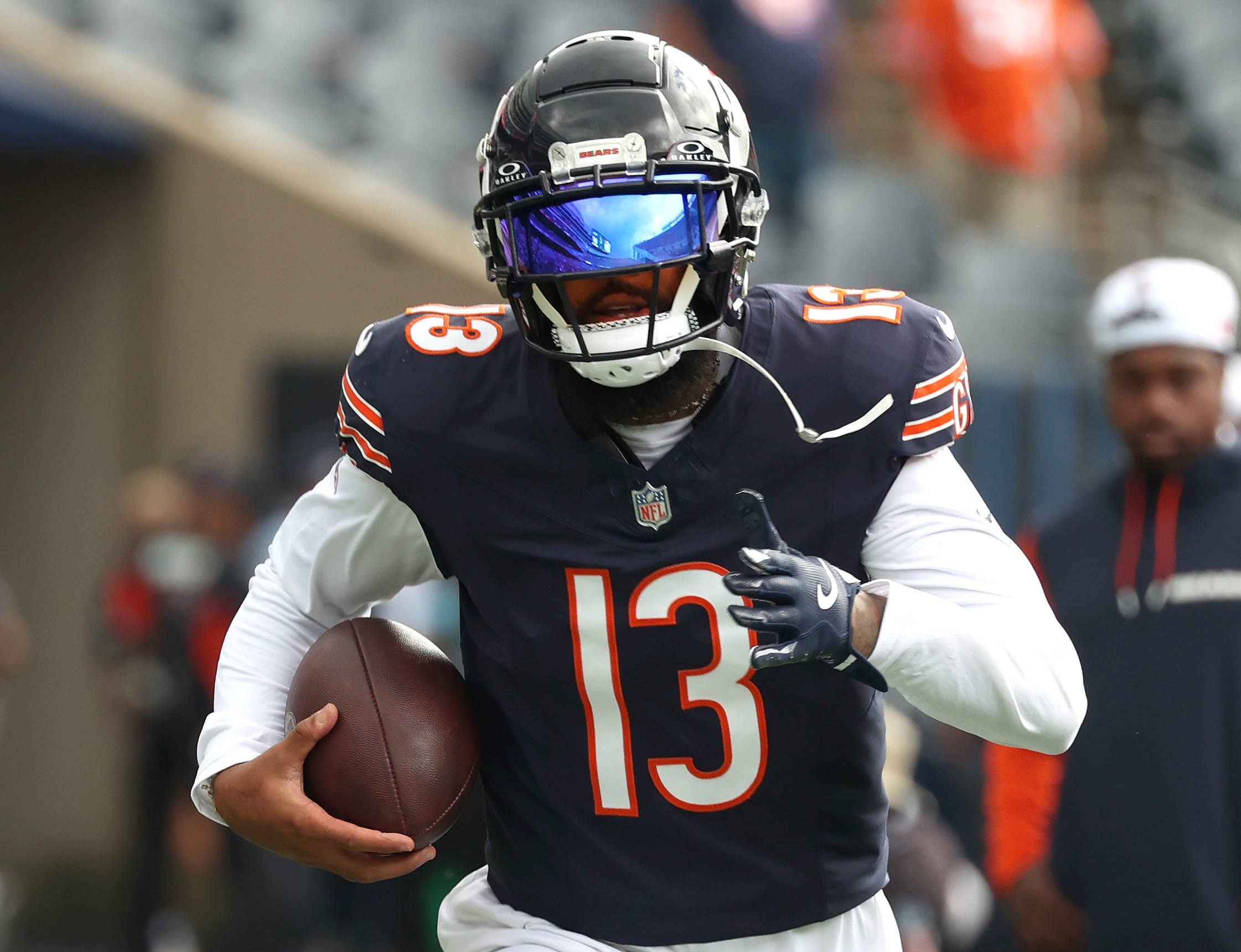 Chicago Bears wide receiver Keenan Allen gets loose before his game with the Cincinnati Bengals Saturday, Aug. 17, 2024, at Soldier Field in Chicago.