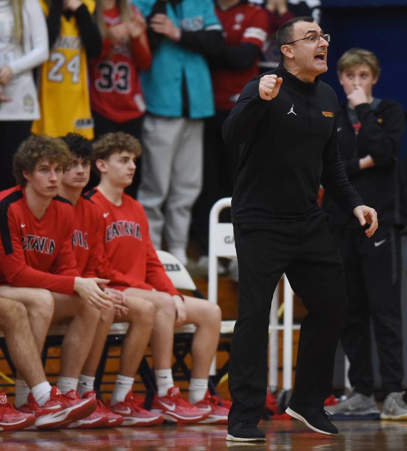 Batavia coach Jim Nazos leads the Bulldogs against York during the Addison Trail Class 4A boys basketball sectional semifinal on Wednesday, Feb. 28, 2024 in Addison.