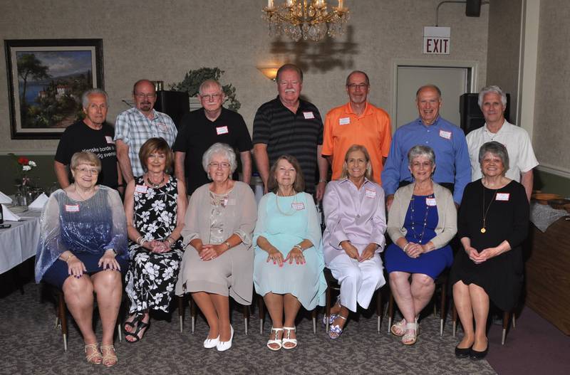 The LaMoille High School class of 1967 recently held its 50th class reunion at  Mona's in Toluca. Pictured are (front row, from left) Lynn (Martin) Andrews, Beverly Gross, Diane (Klein) Chasteen, Linda (Cherry) Long, Neva Jo (Wolf) Sheahan, Maureen (Meyer) DeLong, and Kay (Hildebrand) Brodbeck; and (back row) Steve Westerlund, Hal Adkins, Larry Cromwell, Larry Lucas, Ken Bohm, Dan DeLong,and Butch Meyer.