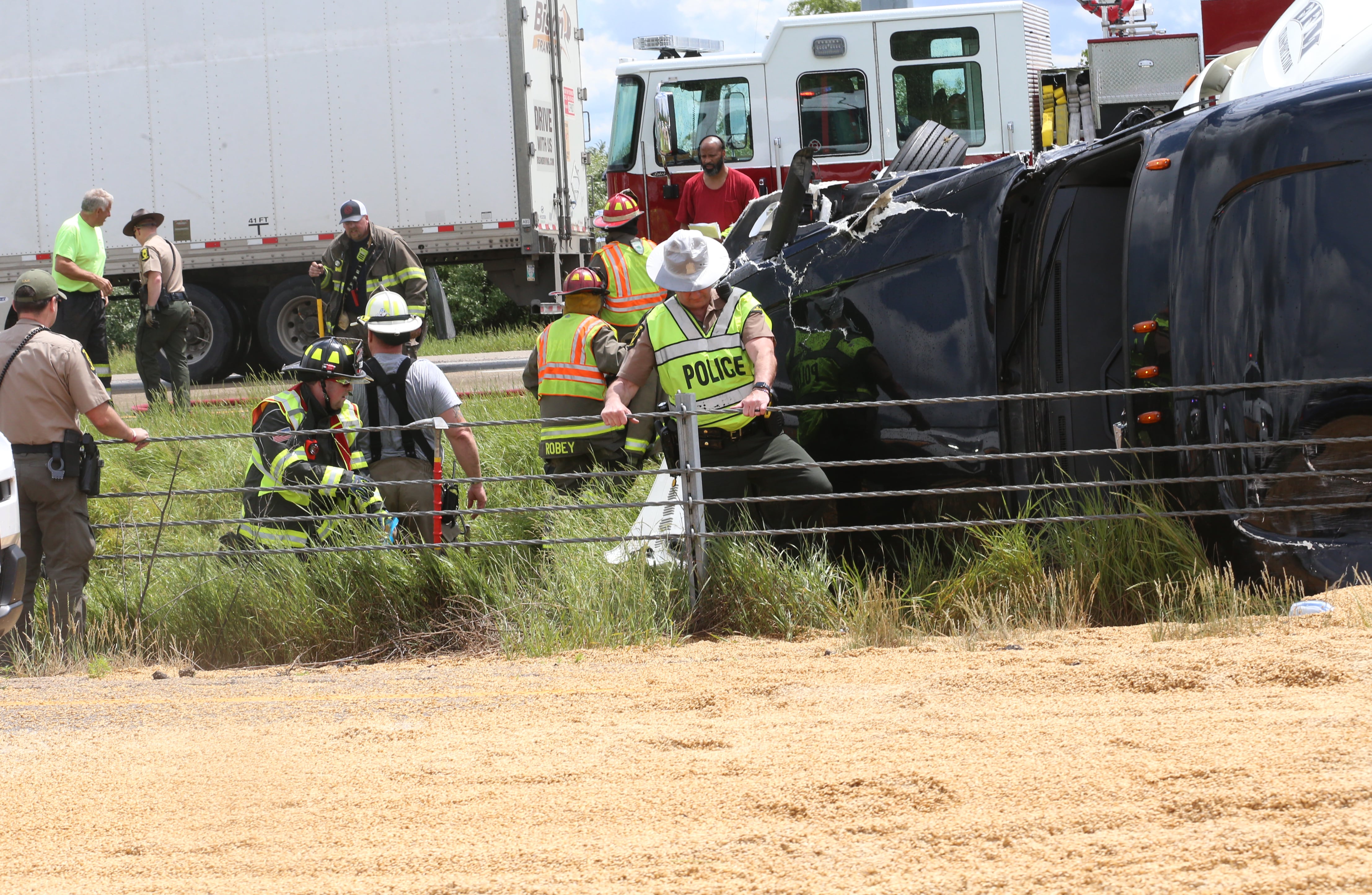 Crews work the scene of a multiple semi truck crash in the eastbound lane of Interstate 80 near the Interstate 39 interchange on Tuesday, May 28, 2024 near Utica. La Salle and Utica Fire and EMS along with Illinois State Police responded to the accident around 12:20p.m. on Interstate 80. Multiple patients were transported to area hospitals.