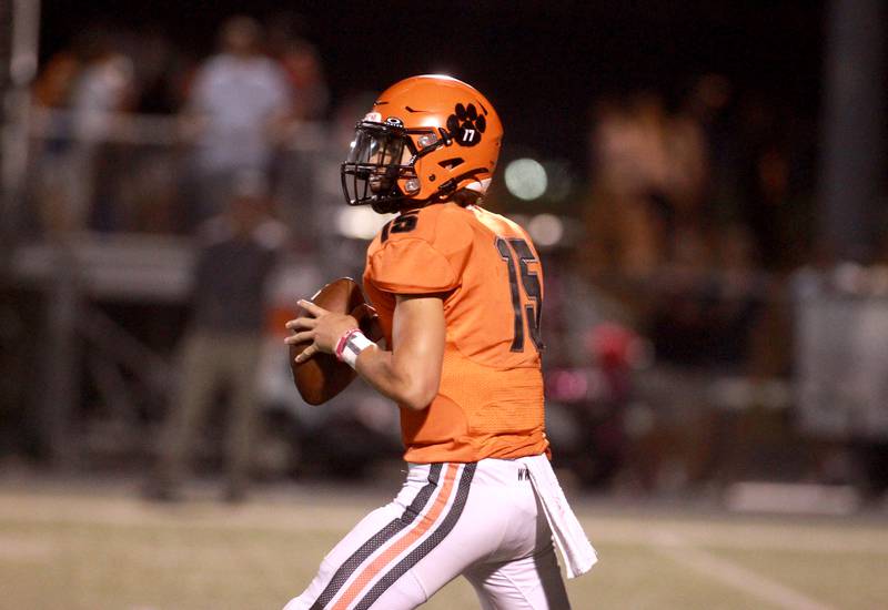 Wheaton Warrenville South quarterback Luca Carbonaro looks to throw the ball during a game against Geneva Friday, Sept. 13, 2024 in Wheaton.