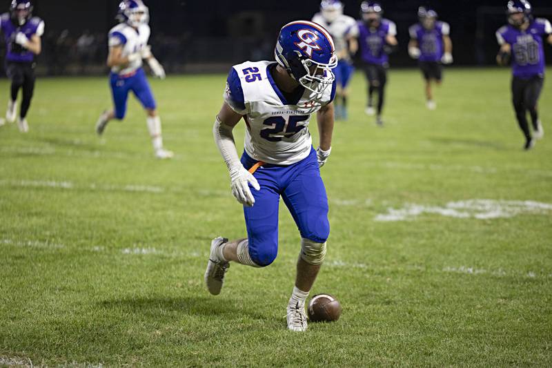 Genoa-Kingston’s Peyton Meyer misplays a kickoff Thursday, Sept. 14, 2023 in a game at Dixon High School.