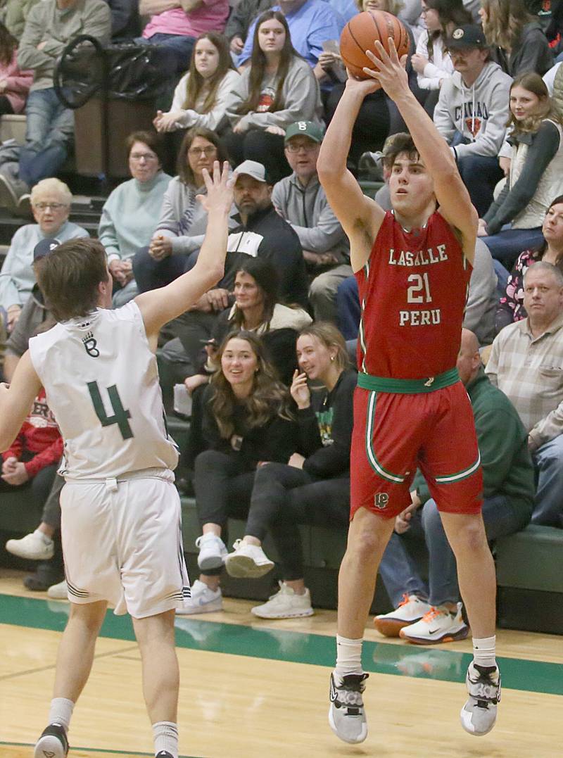 L-P's Josh Senica shoots a jump shot over St. Bede's Logan Potthoff on Wednesday, Feb. 14, 2024 at St. Bede Academy.