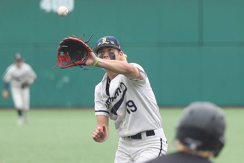 Lemont’s Jacob Parr fields the bouncing line drive against Crystal Lake Central in the IHSA Class 3A Championship game on Saturday June 8, 2024 Duly Health and Care Field in Joliet.
