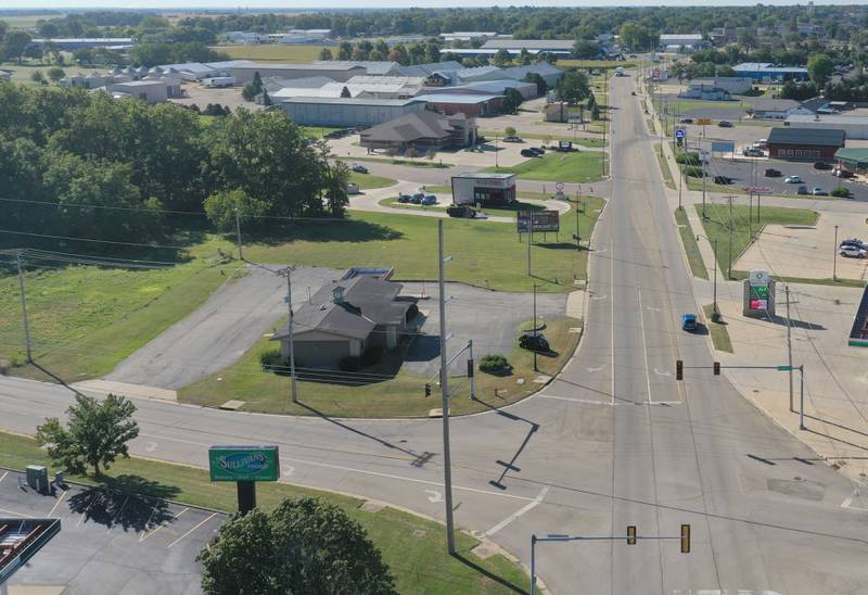 An aerial view of the former Midland Bank on the corner of Backbone and Main Street on Tuesday, Sept. 3, 2024 in Princeton. The Princeton City Council meet to discuss an ordinance approving the final plat of Michael's Plaza Subdivision with a proposal for Aldi's and Starbucks. Starbucks expects to break ground in the next 30 days with Aldi's slated for Spring of 2025.