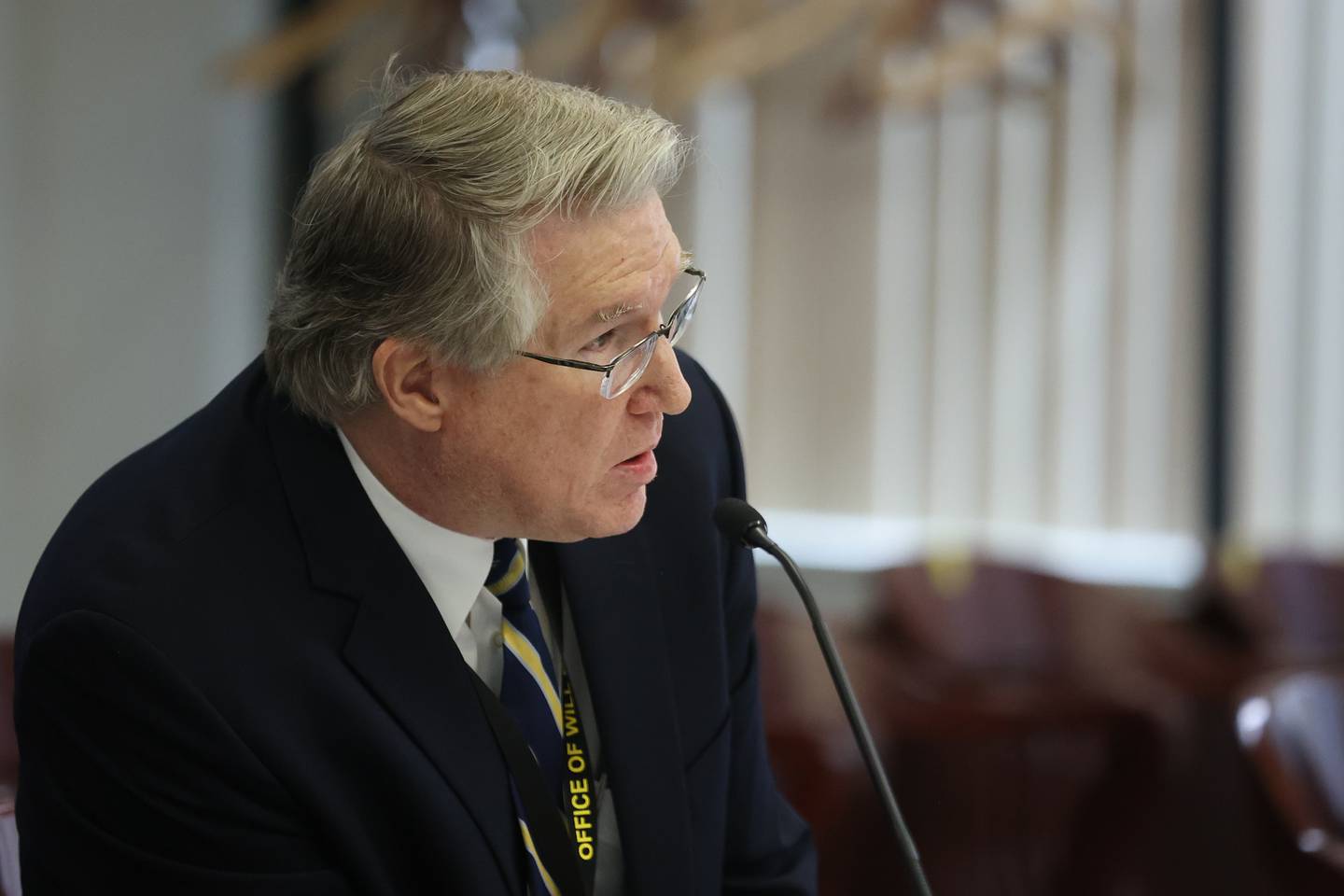 Prosecutor Scott Pyles speaks during the People v. Ferrell hearing at the Will County Annex building. Will County state’s attorneys are motioning to remove Joliet Township Trustee Karl Ferrell from the township board as they contend his past felony record disqualifies him from holding elected office. Tuesday, Mar. 30, 2022, in Joliet.