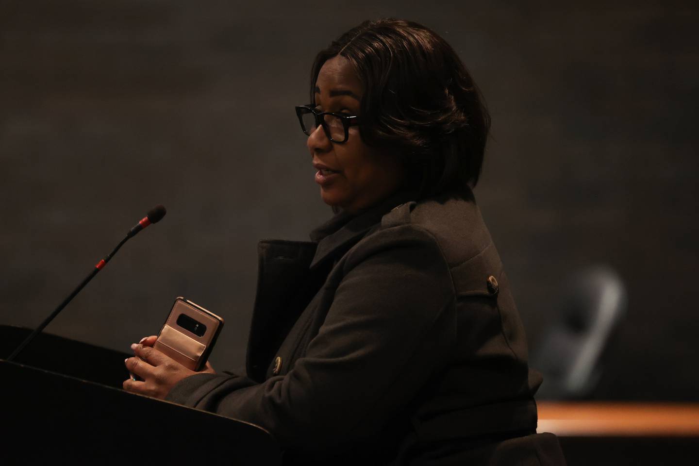 Nicole Lurry, wife of Eric Lurry who died while in the custody of the Joliet police, speaks to the council members during the City Council Meeting at City Hall in Joliet on Monday, March 13th, 2023.