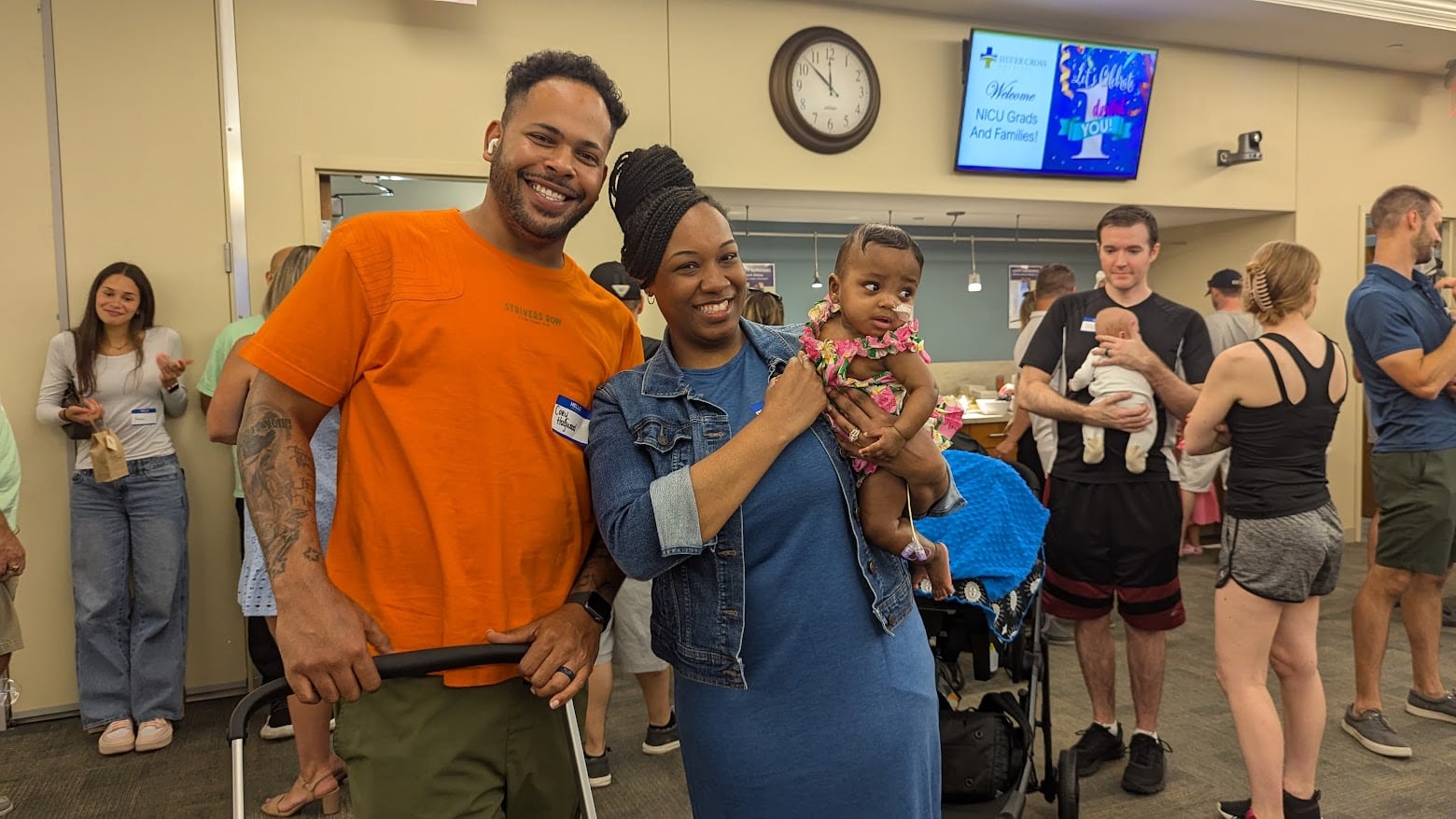 On Sunday, Silver Cross Hospital in New Lenox held its very first reunion of Amy, Matthew and Jay Vana Neonatal Intensive Care Unit graduates and the babies’ immediate families. Pictured (from left) are Cory Haywood, NaKeya Moffett Haywood, and their baby  Nyla Brooke Haywood. Nyla was born Nov. 17, 2023, at 22 weeks and 3 days and 1.1 pounds and measuring 11 inches long. She went home for the first time the day after Mother’s Day and is doing really well.