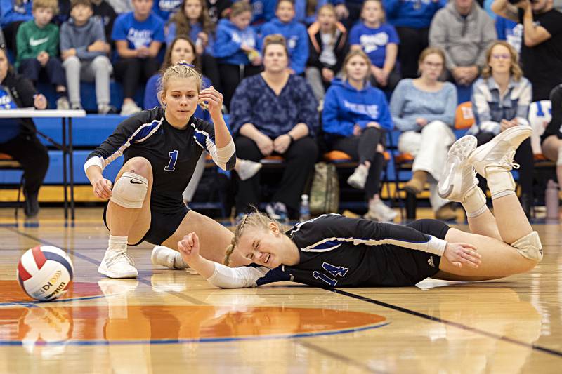 Newark’s Lauren Ulrich comes up short after diving for a shot against Galena Monday, Oct. 30, 2023 at the Eastland 1A volleyball sectional.