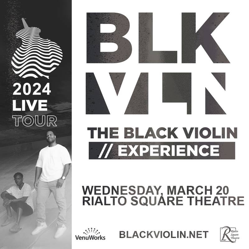 Black Violin, a duo who merges string arrangements with modern beats, will perform at the Rialto Square Theatre on Wednesday, March 20, 2024.