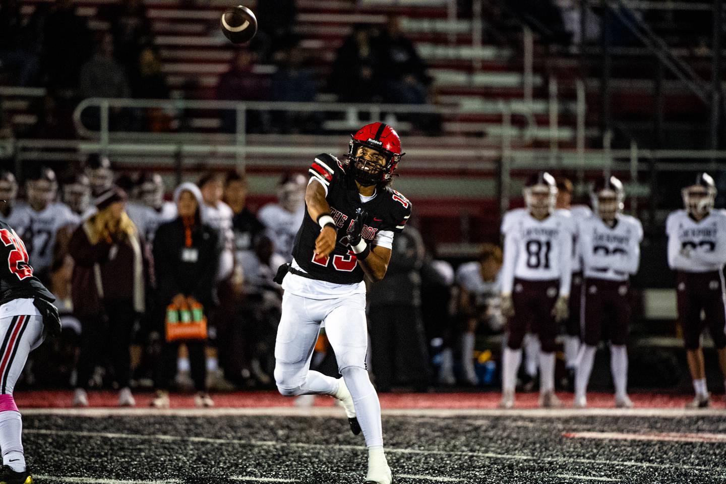 Bolingbrook's Jonas Williams throws a pass during a game against Lockport on Friday Oct. 13, 2023 at Bolingbrook High School