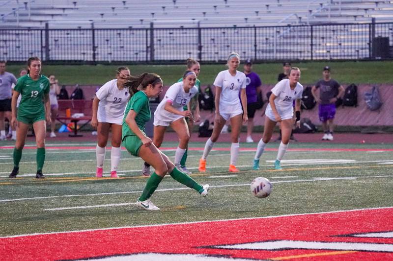 York’s Sophia Musial (9) scores a goal off of a penalty kick against Downers Grove North during a Class 3A Hinsdale Central Sectional semifinal soccer match at Hinsdale Central High School in Hinsdale on Tuesday, May 21, 2024.