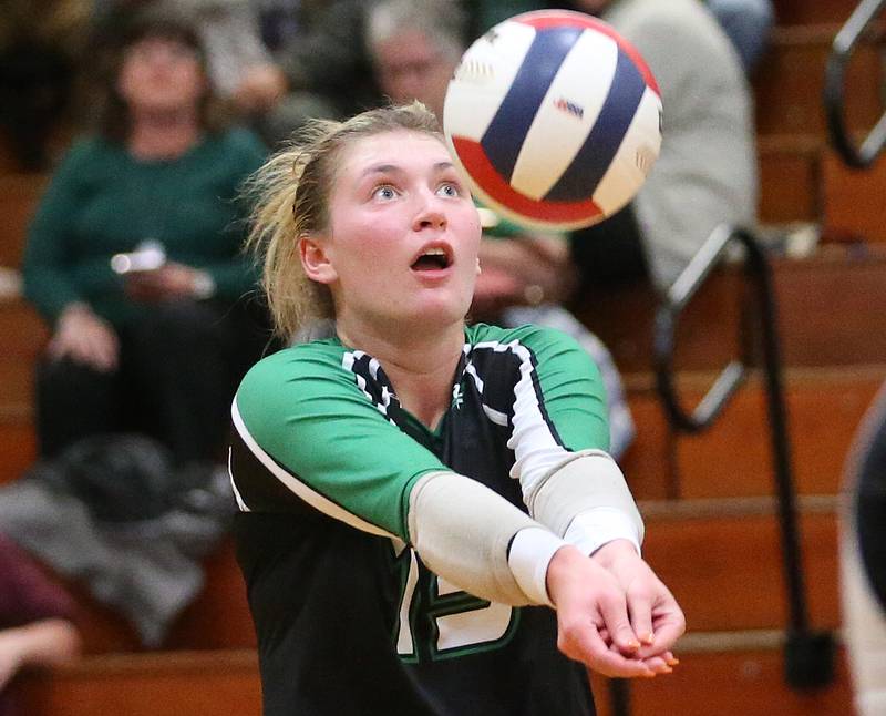 Rock Falls's Claire Bickett bumps the ball to the front of the net against Illinois Valley Central during the Class 2A Sectional final game on Wednesday, Nov. 1, 2023 at Princeton High School.