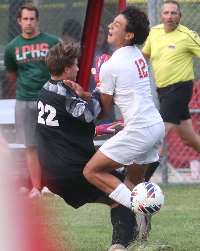 L-P's Adan Pantoja and Ottawa keeper Connor Diederich collide during the game on Thursday, Sept. 5, 2024 at King Field.