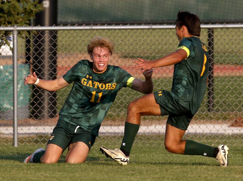 Crystal Lake South's Mason Ross celebrates his Gina with teammate, Hayden Stone, during a Fox Valley Conference soccer match on Tuesday, Sept. 10, 2024, at Crystal Lake South High School.