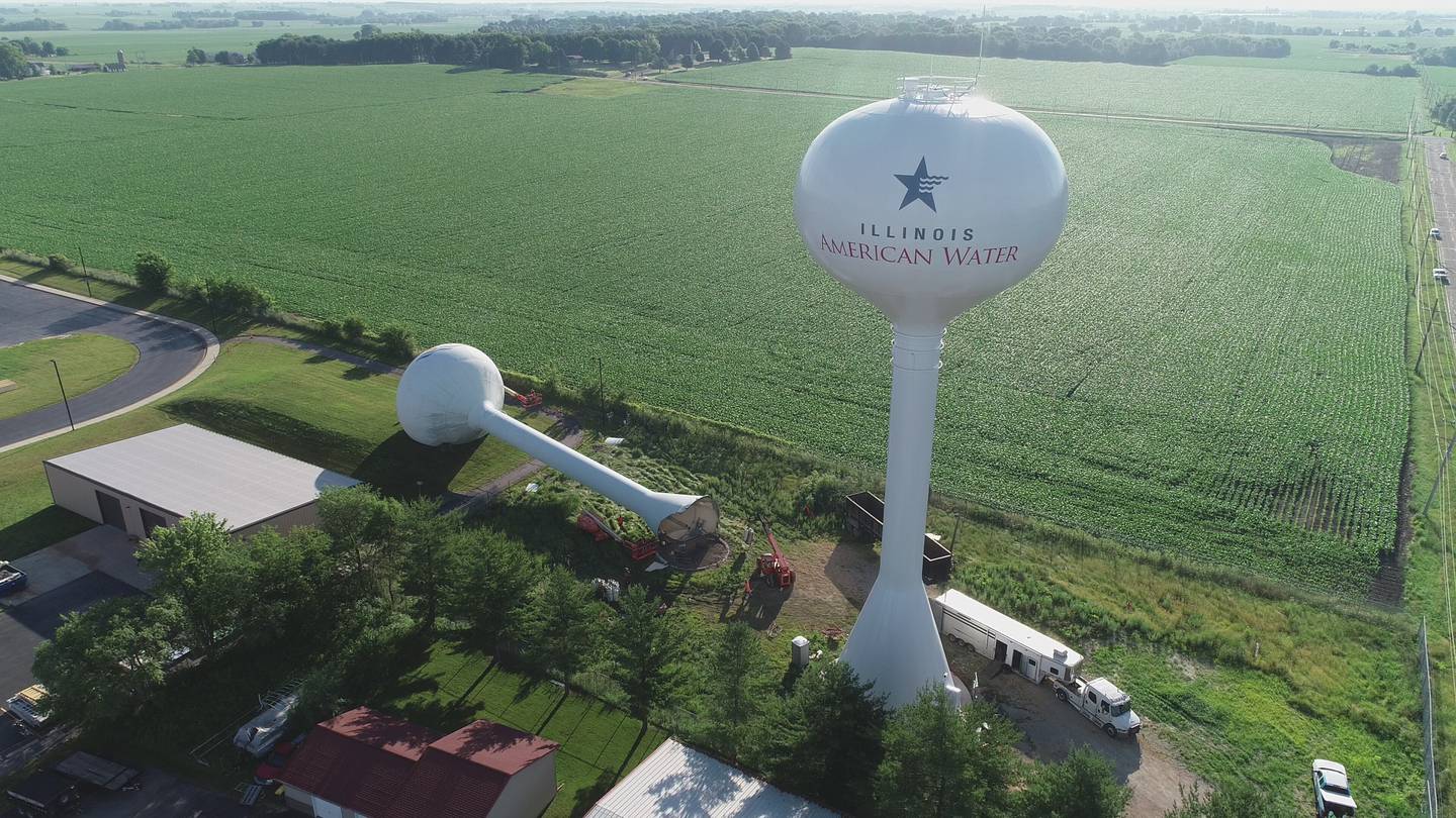 Illinois American Water's new water tower for Sterling stands next to its the former one on 29th Street after a  demolished crew from Illinois American Water did its work, said Karen Cotton, senior manager, external communications for the company.