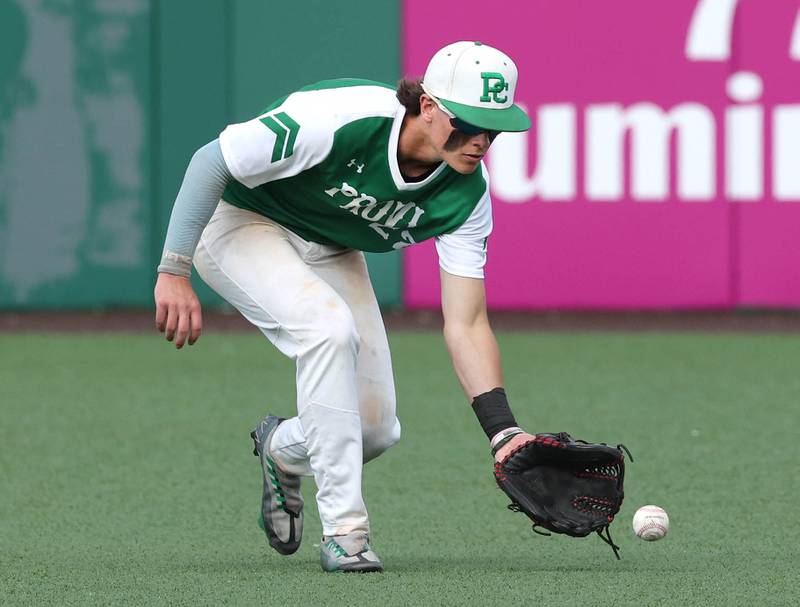 Providence Catholic's Mitch Voltz picks up the first hit by Edwardsville in the sixth inning during their Class 4A state semifinal game Friday, June 7, 2024, at Duly Health and Care Field in Joliet.