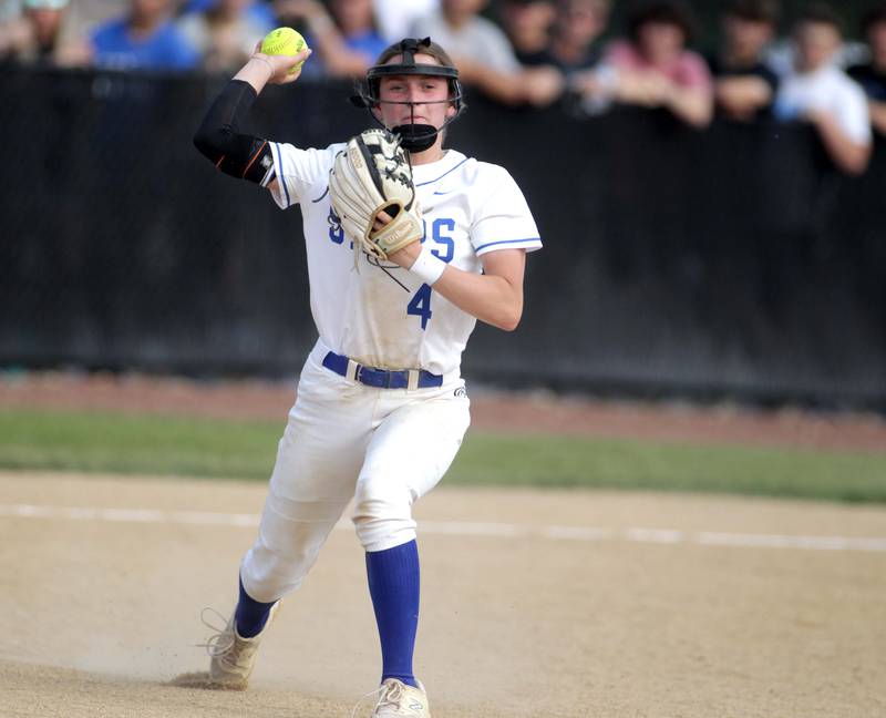 St. Charles North’s Julia Larson throws to first during a Class 4A St. Charles North Sectional semifinal against Fremd on Tuesday, May 30, 2023.