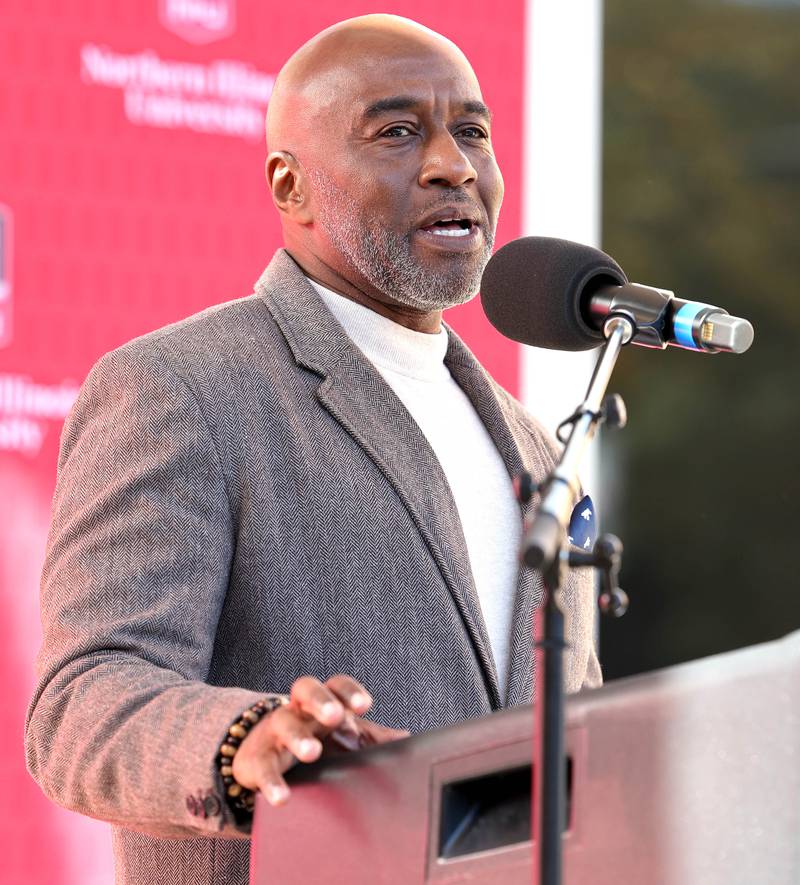 Michael Pattrick, from the Northern Illinois University Black Alumni Council, speaks Friday, Oct. 7, 2022, during a renaming ceremony where New Residence Hall at NIU became Fanny Ruth Patterson Complex. Patterson was the university’s first Black graduate and the building is being named in her honor.