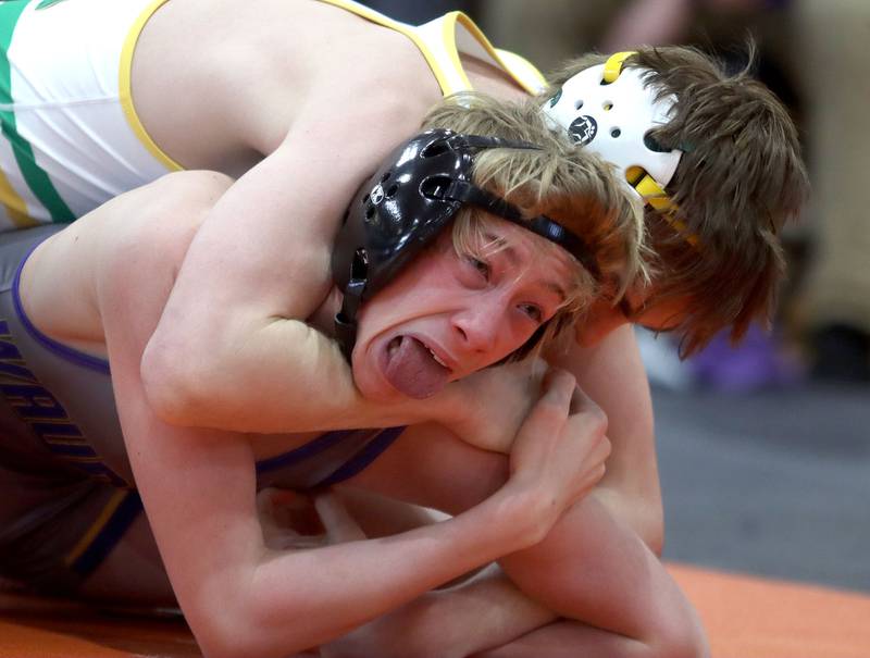 Wauconda’s Gavin Rockey grimaces during the IHSA Class 2A regional wrestling 113-pund title bout at Crystal Lake Central Saturday. Crystal Lake South’s Josh Glover won the bout over Rockey.