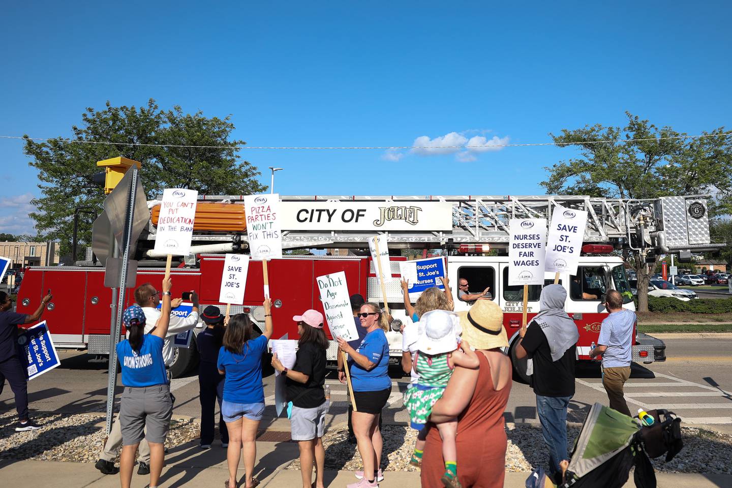 Joliet Fire Department shows their support during a picket outside St. Joseph Hospital as nurses contract negotiations continue on Thursday, July 20th, 2023 in Joliet.