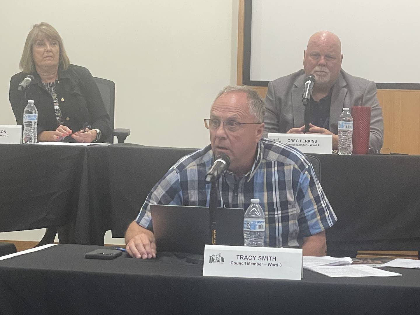 DeKalb Third Ward Alderman Tracy Smith (center) speaks at the July 22, 2024 meeting of the DeKalb City Council.