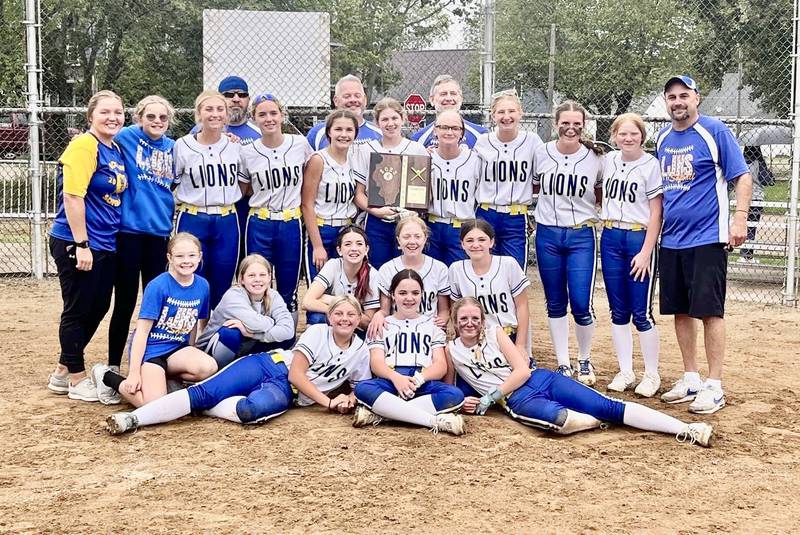 Princeton Logan defeated Wethersfield 9-1 Saturday morning to capture their first sectional championship. They will play Beardstown, at state at 10 a.m. Friday in Normal. Team members are (front row, from left) Breelyn Unthank, Anna Ellis and Kendall Rauh; and (middle row) Emily Jeager, Kendall Keutzer, Kinzley Hansen, Ellie Longeville and Kylie Johnston; (third row) Coach Darcy Kepner, Elle Stocker, Ava Munson, Libby Sierens, Collyns Etheridge, Piper Hansen, Liberty Sousa, Payton Brandt, Addi Parry, Payten Harden and Coach Tim Parry; and (back) coaches Tom Griegyl, Dan Jaeger and Joe Bates.