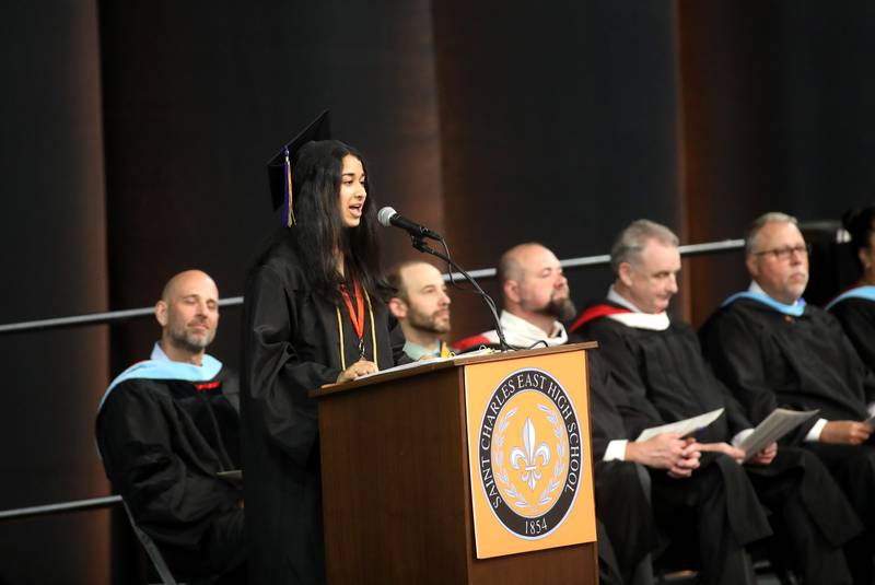 St. Charles East senior class president Roshni Dave speaks during the school’s 2024 commencement ceremony at Northern Illinois University in DeKalb on Monday, May 20, 2024.