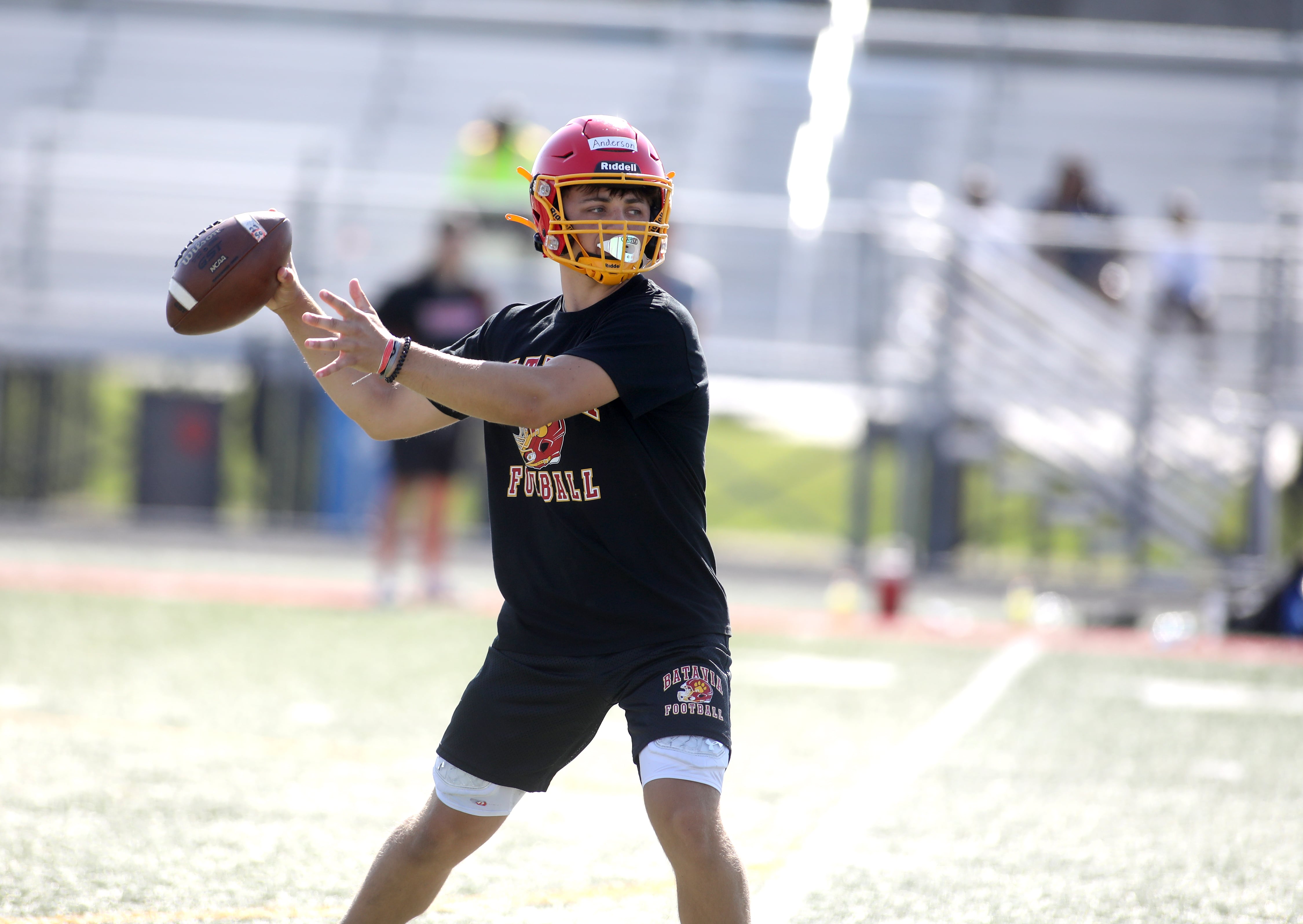 Batavia quarterback Bodi Anderson throws the ball during a 7-on-7 tournament at Batavia High School in July 2024.