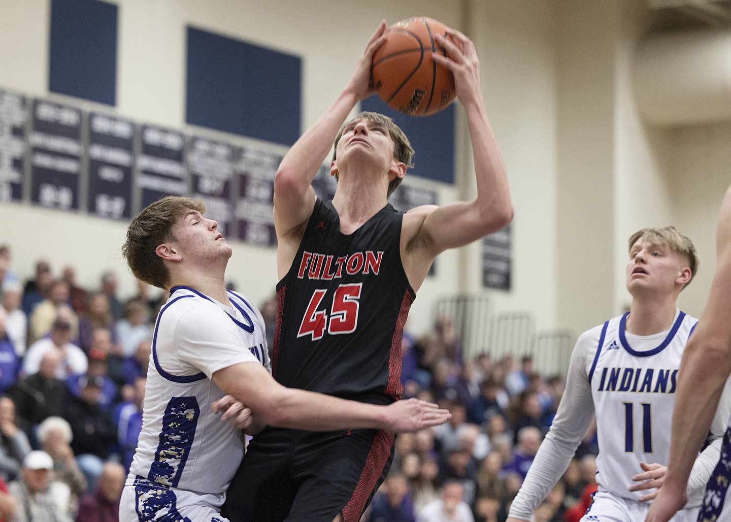 Fulton’s Landen Leu works against Pecatonica during a class 1A sectional semifinal Wednesday, Feb. 28, 2024 at River Ridge High School.