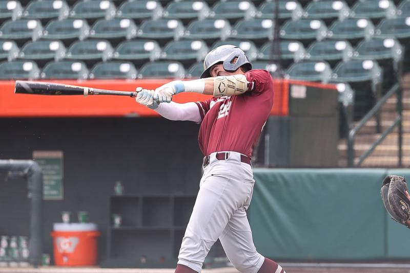 Morris’ Brett Bounds connects against Highland in the IHSA Class 3A 3rd place game on Saturday June 8, 2024 Duly Health and Care Field in Joliet.