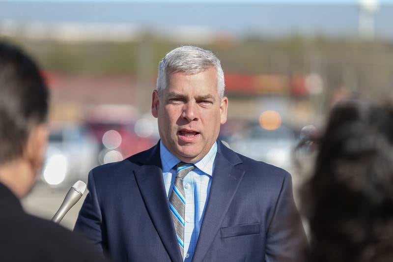 Mayor Bob O'Dekirk speaks at the Houbolt Road bridge ribbon-cutting ceremony. April 27, 2023.