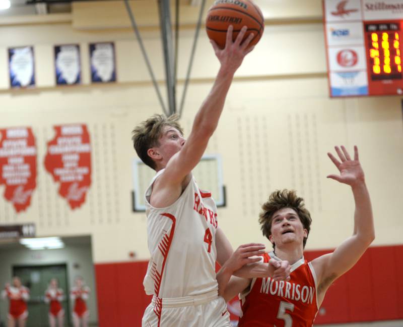 Oregon's Jameson Caposey (4) drives to the basket as Morrison's Chase Newman (5) defends during 2A regional action on Monday, Feb. 19, 2024 at the Blackhawk Center in Oregon. The Mustangs downed the Hawks 59-52 to advance to the Prophetstown Regional on Wednesday, Feb. 21.