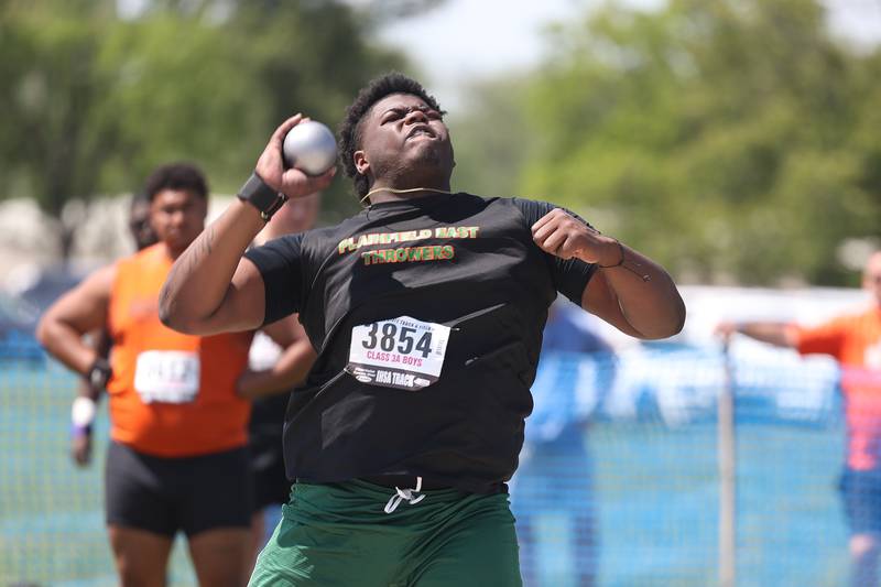 Plainfield East’s Michael Jimmar competes in the Class 3A Shot Put State Finals on Saturday, May 27, 2023 in Charleston.