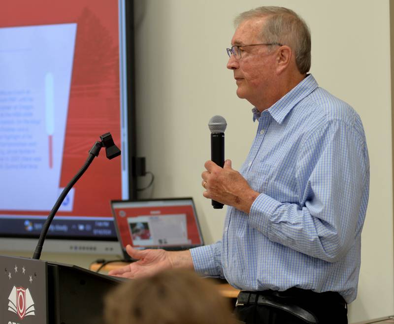 Doug Engle speaks at the OCUSD Hall of Fame induction ceremony on Saturday, Sept. 14, 2024 at the Rock River Center in Oregon.