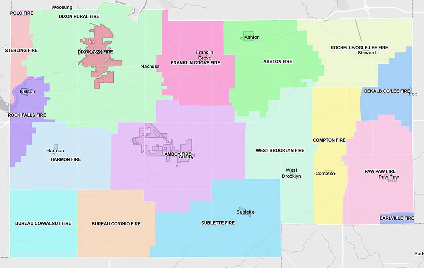 The boundaries of the fire districts in Lee County, according to Lee County GIS.