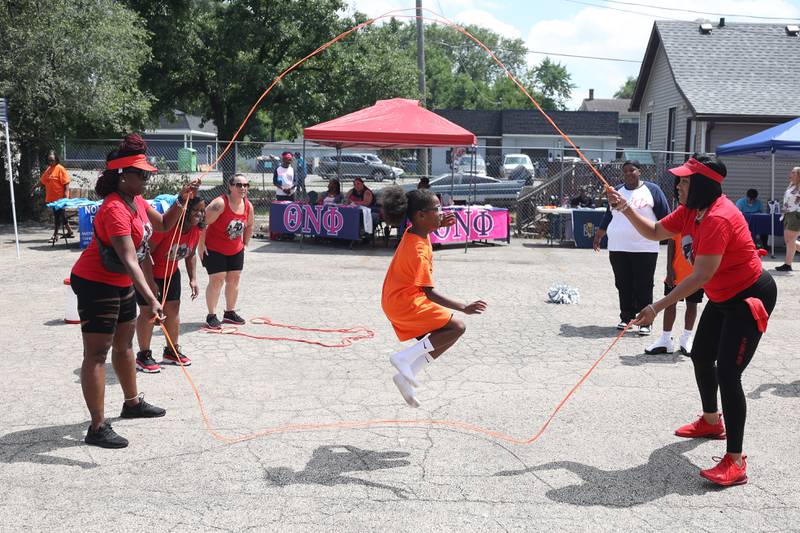 Jayceon Gordon shows off his jump rope skills at the Healing the Hood event held at the St. Mark CME Church in Joliet on Saturday June 29, 2024.