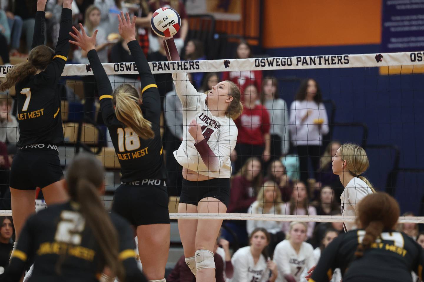 Lockport’s Jenna Kolosta hits a shot against Joliet West in the Class 4A Oswego Sectional championship on Wednesday, Nov. 1, 2023 in Oswego.